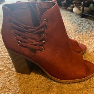 Red side lace peep toe booties